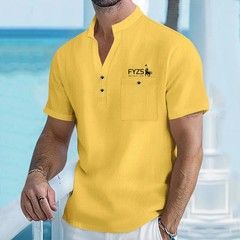 Men’s Cotton Linen Henley Shirt Breathable Summer Casual Fit Tee Tshirt Fun Gift