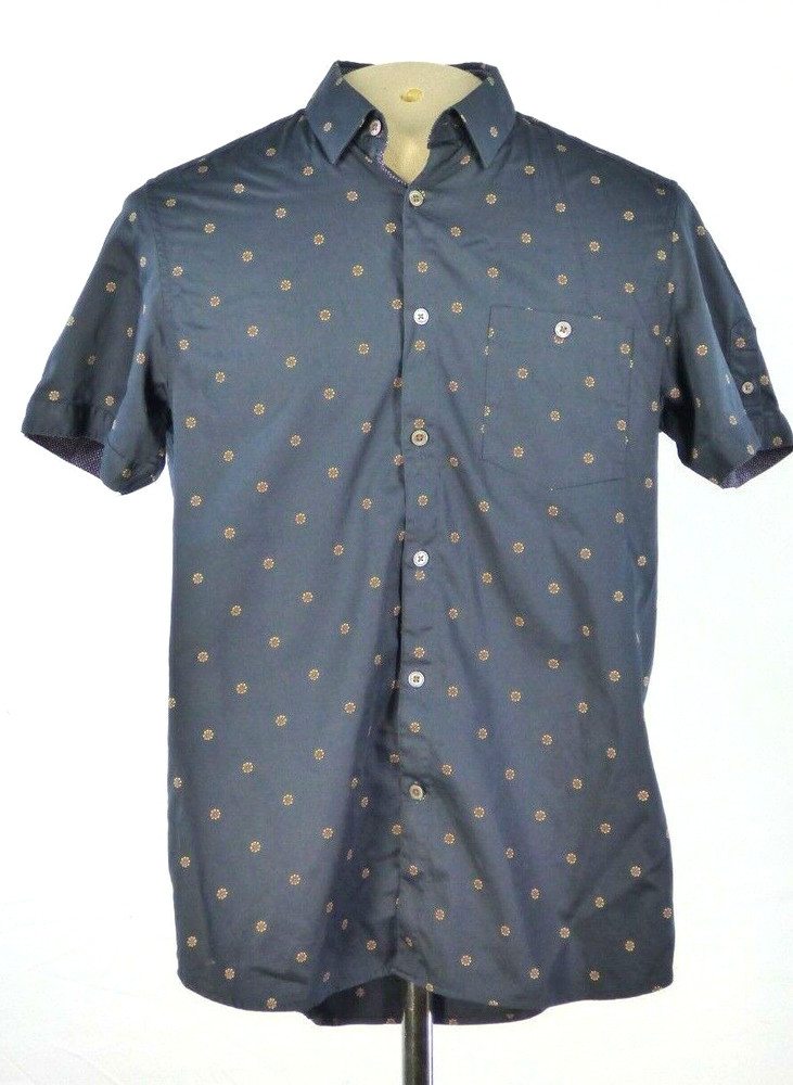 Ted Baker Mens Shirt Navy Micro Daisy Print Short Sleeve Pocket 3