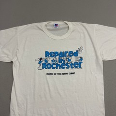 Vintage Russell Athletic Repaired in Rochester Shirt Large White 1988 Paper Thin