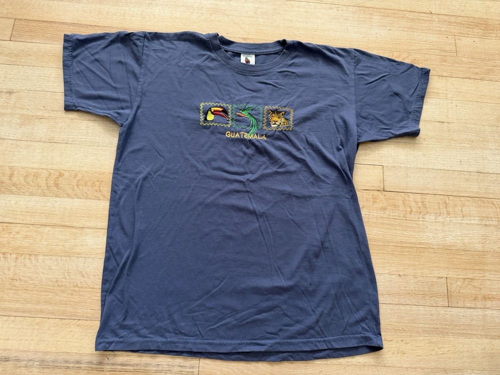 Guatemala El Quetzal Graphic Embroidered Wild Life Blue T Shirt Size XL