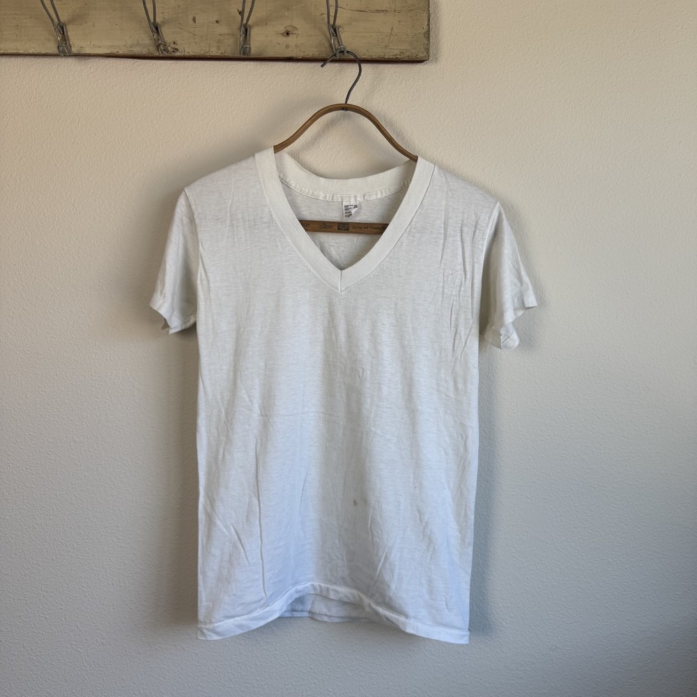 1980s Anthony 50/50 Paper Thin V-Neck White T-Shirt Large