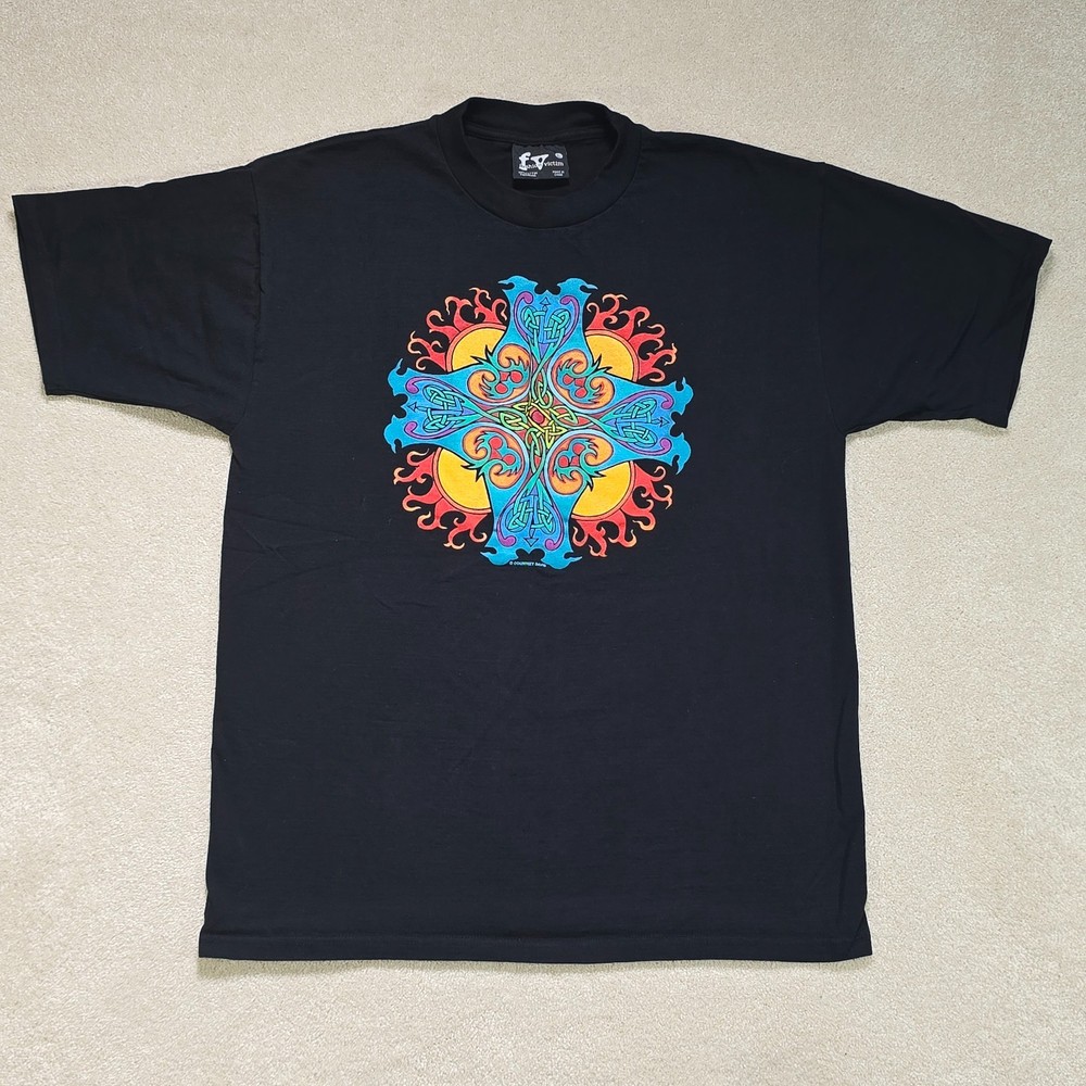 Vintage 90s Fashion Victim Courtney Davis Celtic Cross Shirt Large Black Art