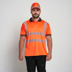 Mens Hi Vis Polo T-Shirt Short Sleeve Super Stretch Navy Collar Workwear Top