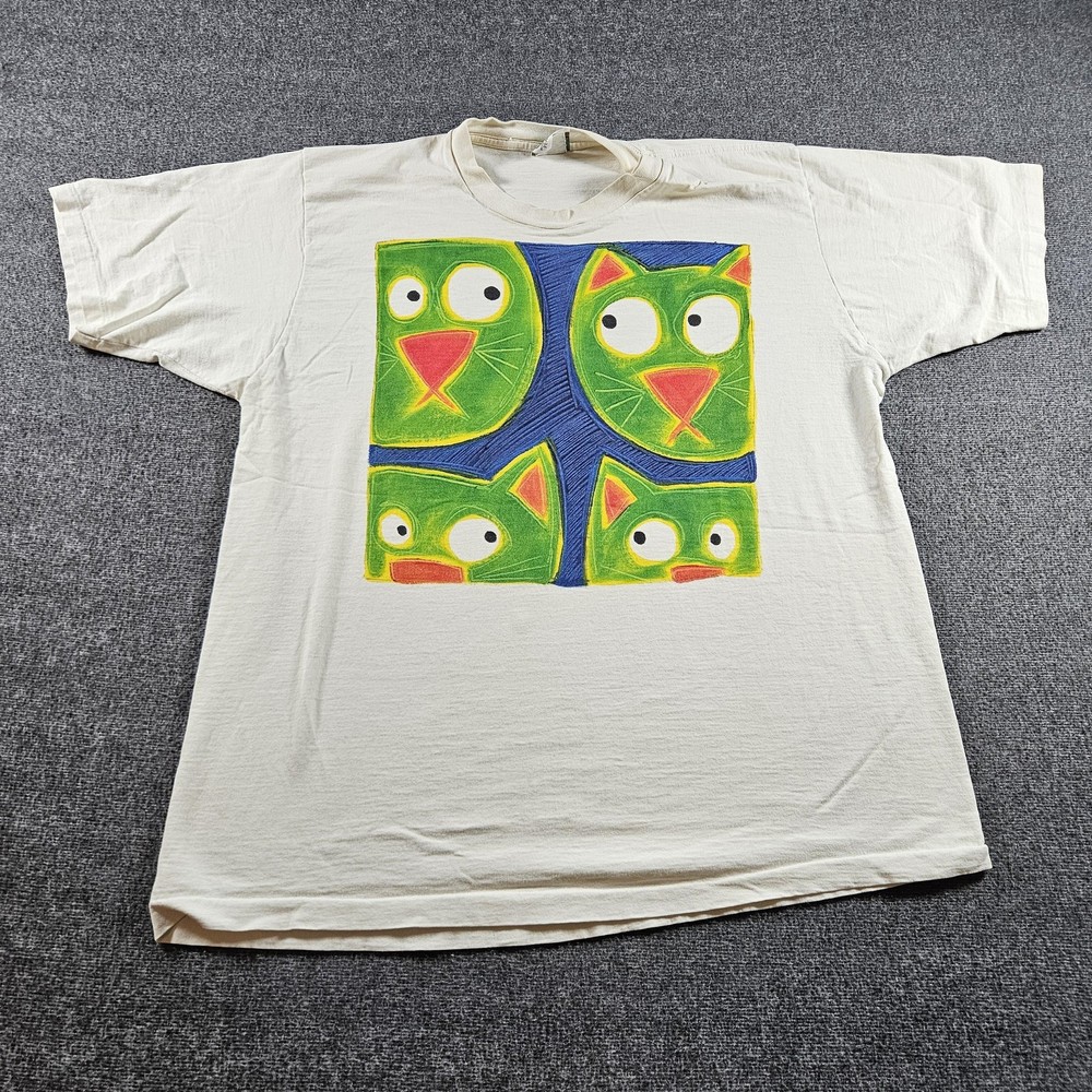Vintage Naturals By Penmans Shirt Mens XL White Colorful Cat Graphic Art 90s