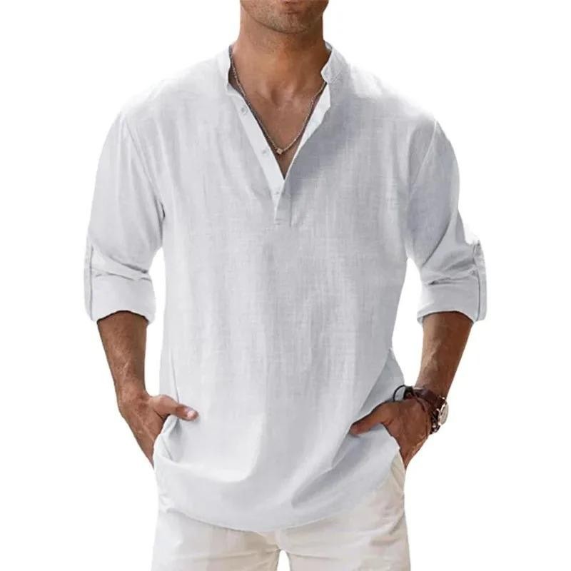 MENS LINEN COTTON HENLEY LONG SLEEVE BREATHABLE CASUAL BEACHWEAR SHIRT