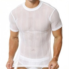 Men’s Glitter Sheer Mesh T-shirts Short Sleeve Ultra-thin Daily Undershirts Tops