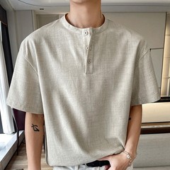 Men’s Casual Lightweight T Shirt Imitation Linen Texture Collar Design