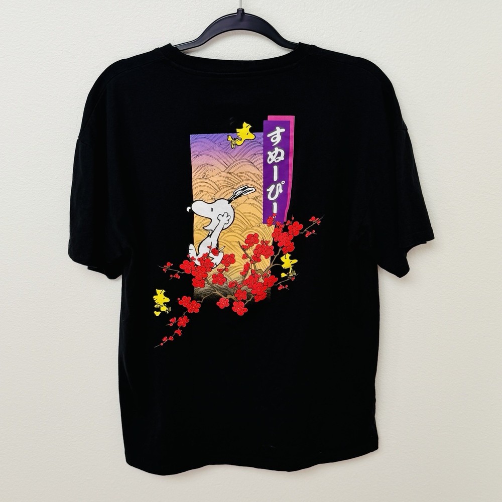 Snoopy Woodstock Peanuts Asian Japanese Black T Shirt Plum Blossoms Size Large