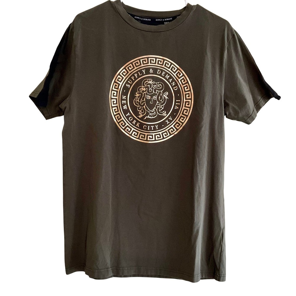 Supply & Demand NYC Medusa Gold Foil Graphic T-Shirt Mens Large Olive Green