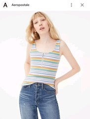 Aeropostale X-Small Black & White Striped Sexy Zip-Front Rib Bodycon Tank Top