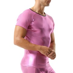 Men Elastic Oil Shiny Faux Leather Tops Fitness Short Sleeve T-shirts Stage Tees