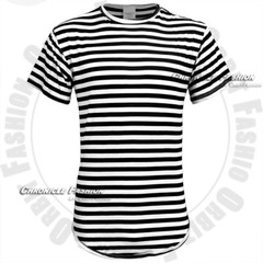 Men T-Shirt Striped Casual Crew Neck Short Sleeve Curved Extended Long Tee Top