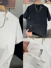 Trendy Men’s Streetwear Distressed Cotton T-Shirt Rhinestone Pin Casual Top