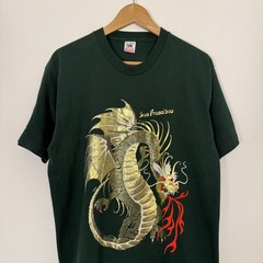 Vintage 90s Gold Metallic Foil Dragon Asian Tee Shirt Green Large Single Stitch