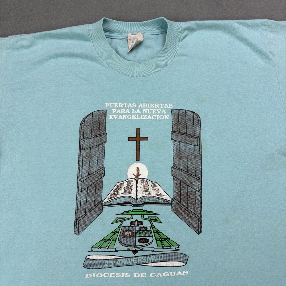 Vintage 80s Jesus Church T Shirt Size XL (Fits Smaller) Blue
