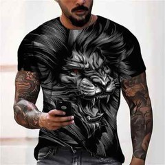 3d Print Men T Shirt Black Lion Gaze Fashion Graphic Short Sleeve Tee Classic