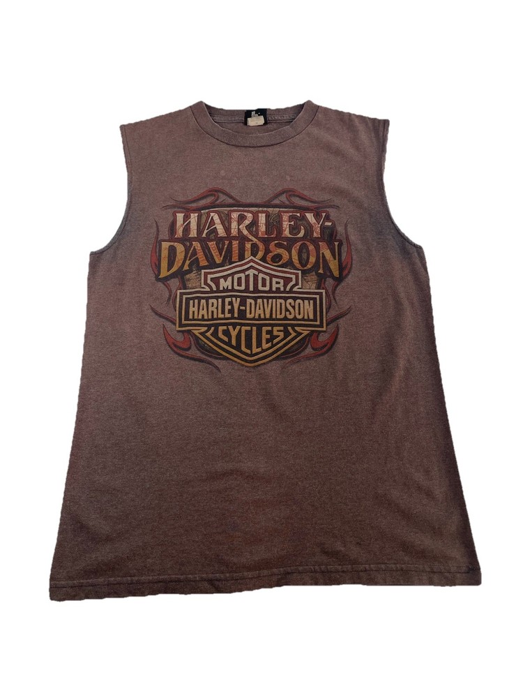 Mens Y2K Harley Davidson Brown Mancuso Central Sleeveless Shirt Size Medium