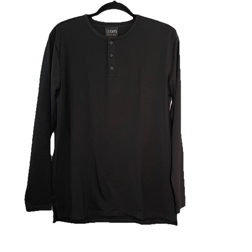 New Cuts Clothing Split Hem Long Sleeve Henley T-Shirt Men Size M Stretch Black