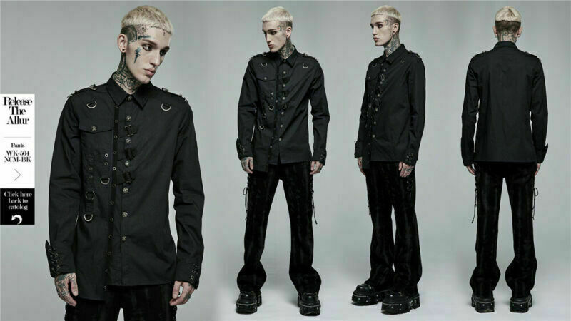 PUNK RAVE Men’s Punk Personality Asymmetric Shirt Slim Fit Casual Black Shirts