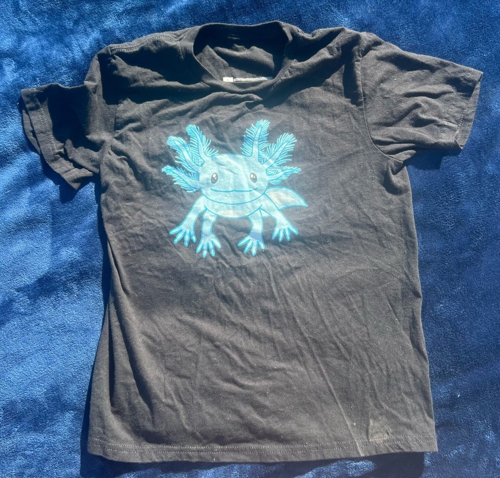 Black TShirt Blue Axolotl Size Large NEVER WORN Fish 100% Cotton Aquatic Cute