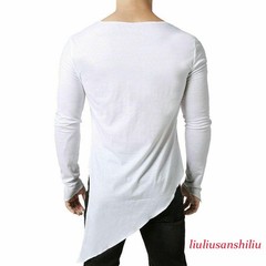 Mens Asymmetric Slit Hem Summer T-shirt Top Tee Long Sleeve Pullover Shirt Hot