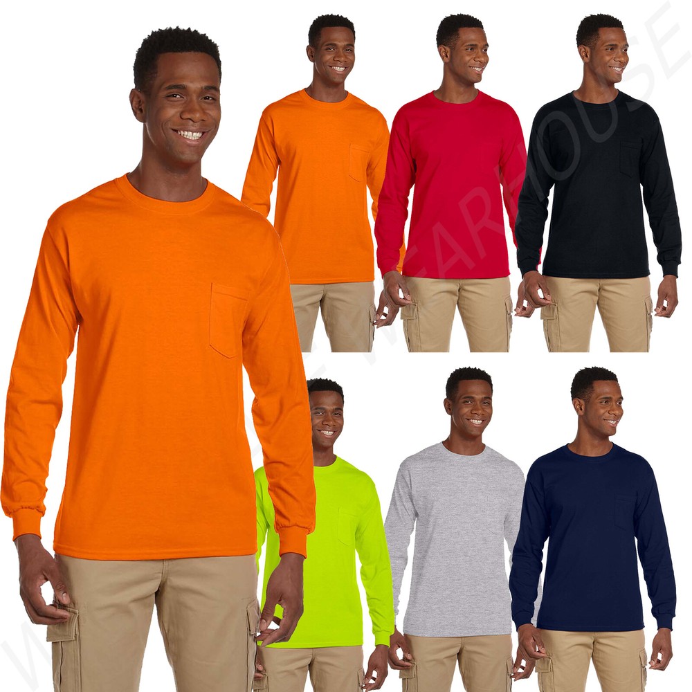 Gildan Mens Long Sleeve Pocket T-Shirt Ultra Heavy Cotton 6 oz S-5XL MG241