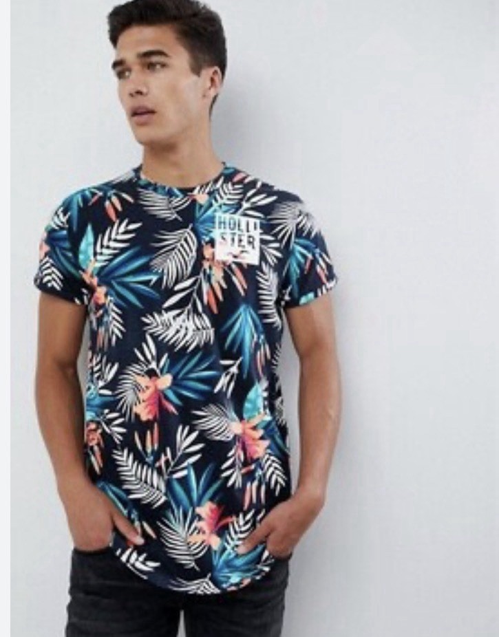 Hollister Men’s Curved Hem Tropical Floral Print T-Shirt Cotton Sz S