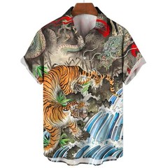 Mens Button Down Japanese Tiger Skull Print Hawaiian Top Novelty Summer Shirt