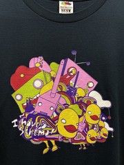 Vintage 2000s Pop Art T-shirt Size Large Black Colourful Ducks Robots Cartoon
