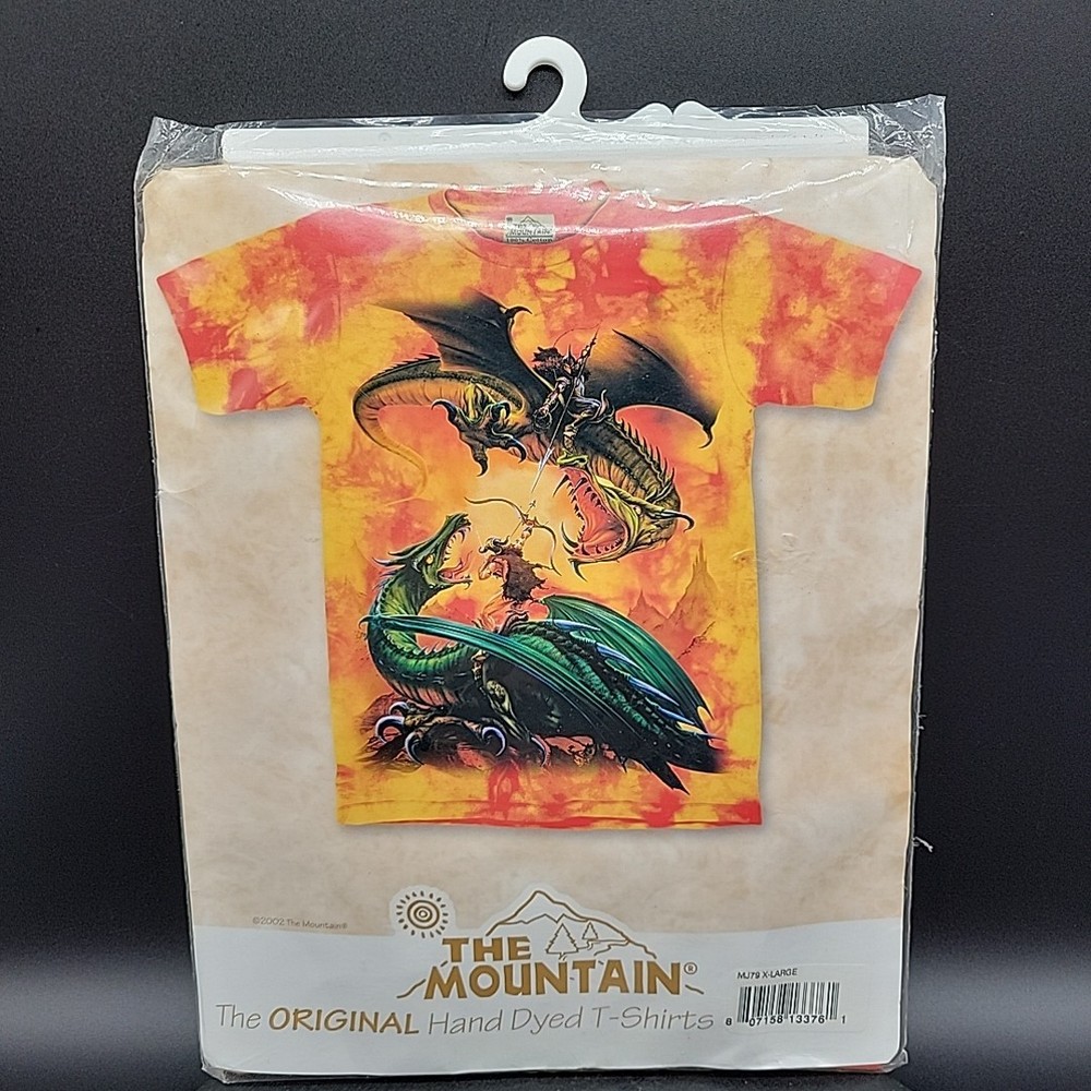 Size XL T-Shirt – Fantasy Art Dragon Duel Fight Orange Hand Dyed Tie Dye Bright