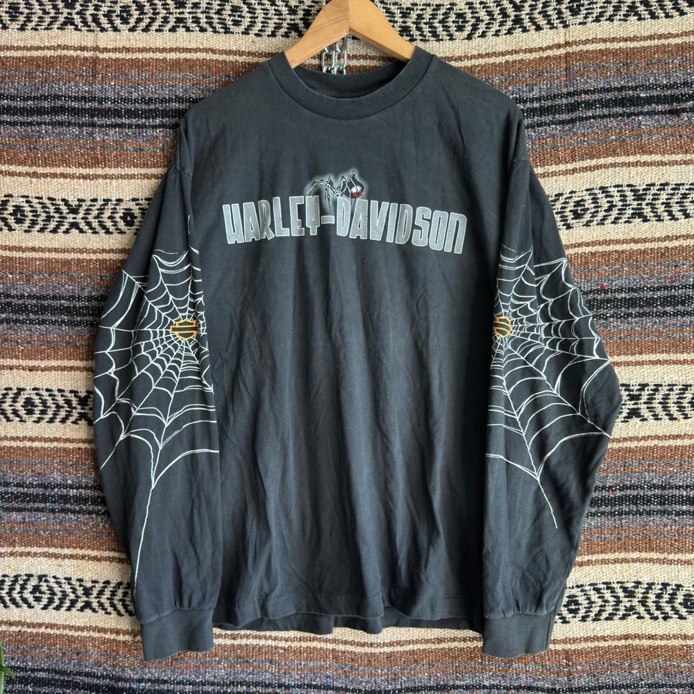 Vintage Harley Davidson Spider Web Mens XL Shirt Black Chicago LS Reprint