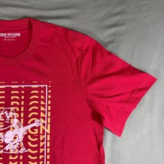 True Religion Mens Small Graphic T Shirt Red Buddha Guitar Logo Crew Neck