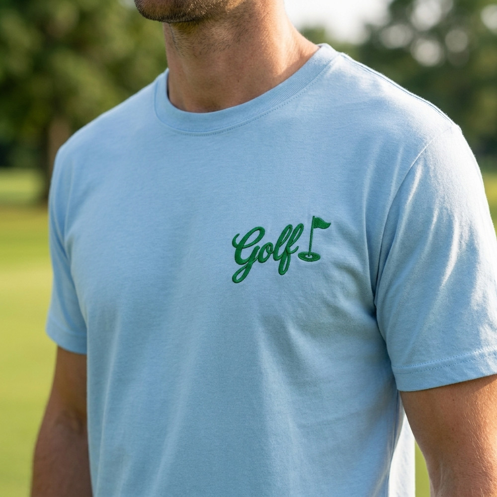 Embroidered Golf Text Cotton T-Shirt – Trendy Casual Short Sleeve Everyday Wear
