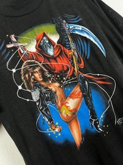 Vintage 80’s 3D Emblem Graphic Biker Reaper Sexy Tee Shirt Black Mens Rare Sz XL