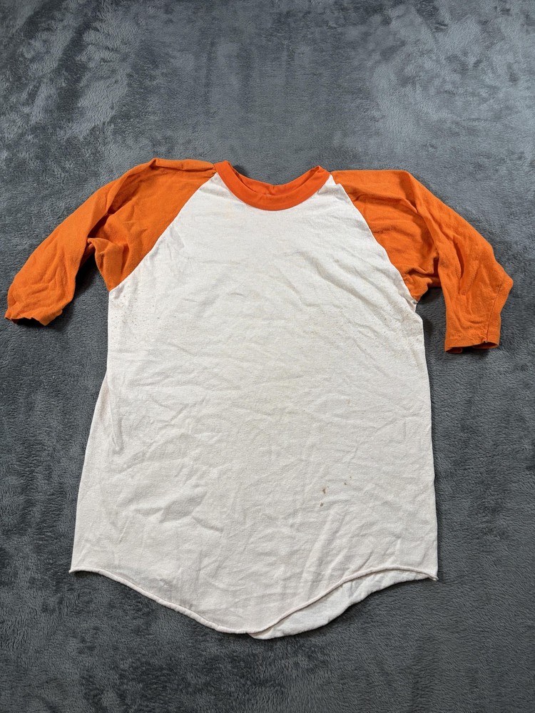 Vintage Russell Raglan Shirt Mens Large Orange White 3/4 Sleeve Jersey 70s USA