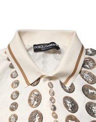 DOLCE & GABBANA T-shirt Silk Ivory Coin Print Logo Men Polo IT46/US36/S 1500usd