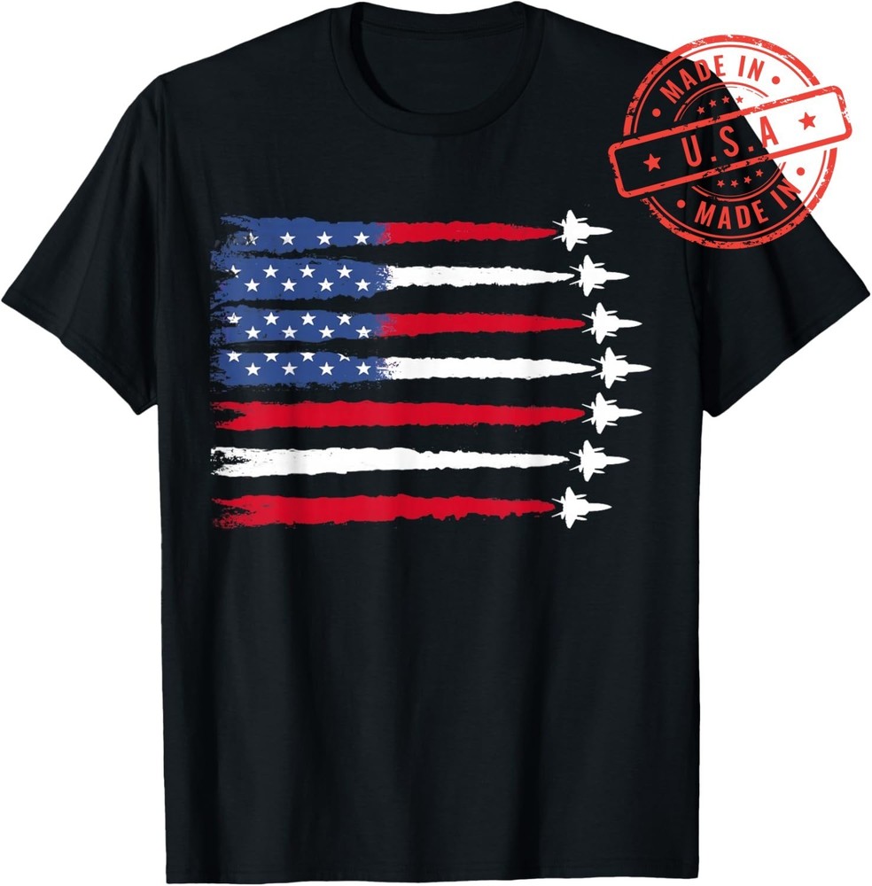 Patriotic USA Flag Fighter Jets Red White Blue Adult Cotton Short Sleeve Tee