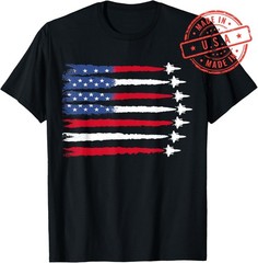 Patriotic USA Flag Fighter Jets Red White Blue Adult Cotton Short Sleeve Tee