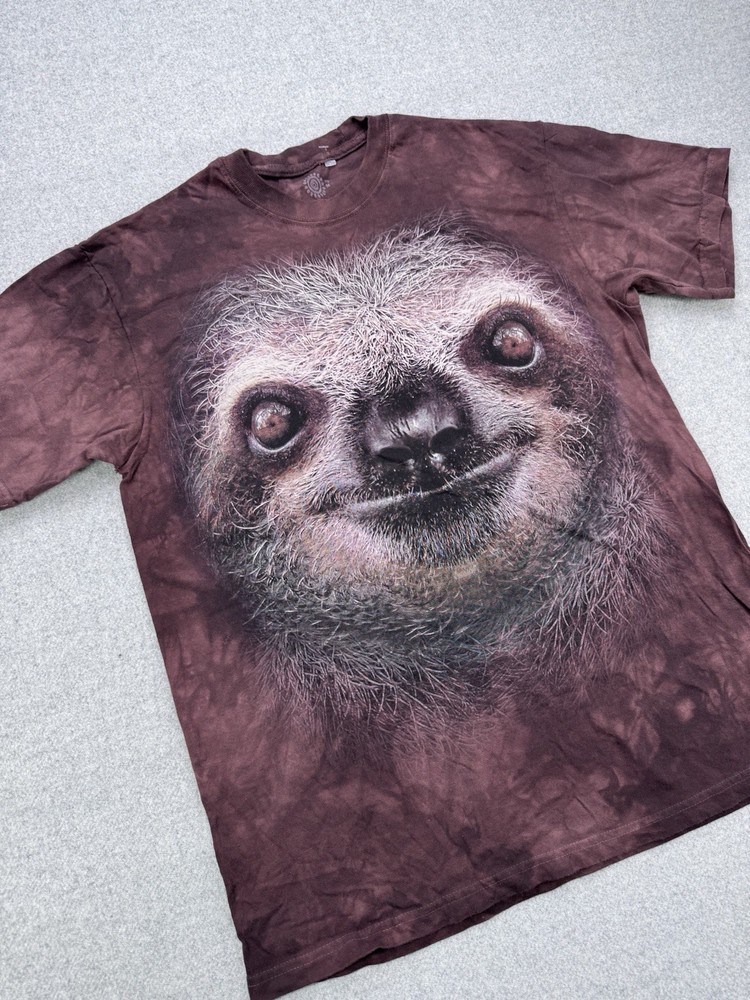 The Mountain T Shirt Mens M “Sloth Face” Liquid Blue Hand Dyed Big Face Boho Tee