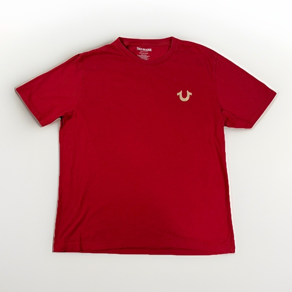 True Religion Shirt Men’s 2XL Red Gold Foil Metallic Buddha Logo Cotton T-Shirt