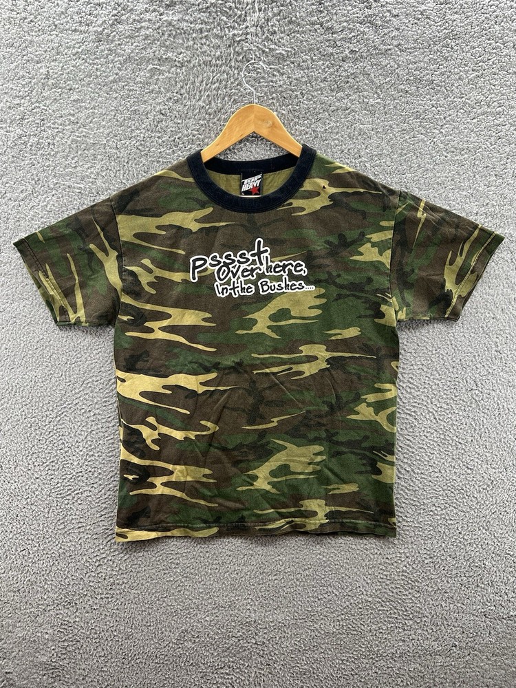 Top Heavy Pssst Over Here In The Bushes Camo T-Shirt Adult Size Large