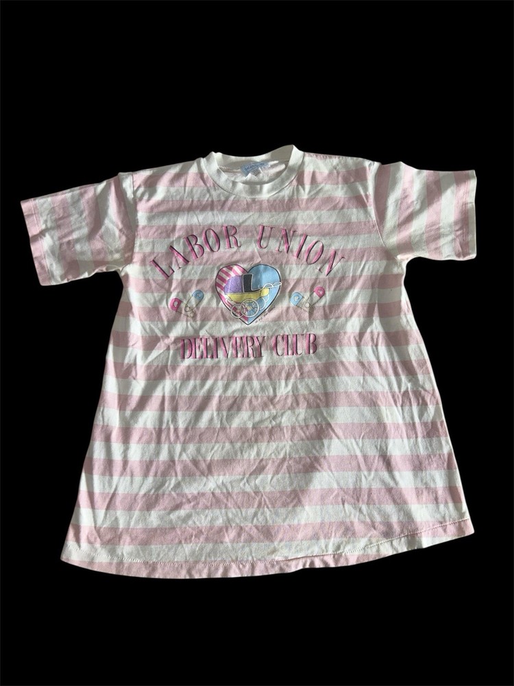 Vintage 80s Maternity Wear Labor Union Delivery Club Stripes T Shirt Size Medium