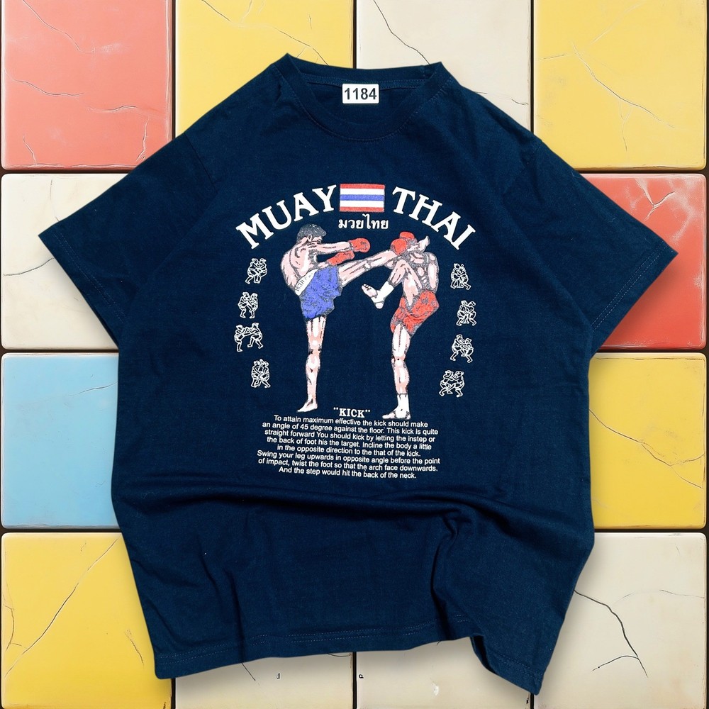 VTG Muay Thai Y2K Kick Boxing Shirt Men S Navy MMA Thailand Tee Kick Leeson