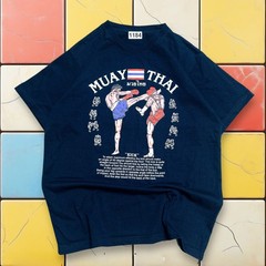 VTG Muay Thai Y2K Kick Boxing Shirt Men S Navy MMA Thailand Tee Kick Leeson