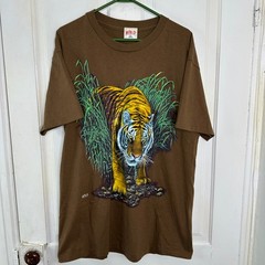 Vintage 90s Tiger Wild Gear Animal Nature Big Cat T-Shirt Adult XL Brown Vtg USA