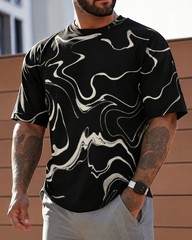 Men’s Round Neck Tee, Black White Marble Swirl Print, Casual Street Short Sleeve