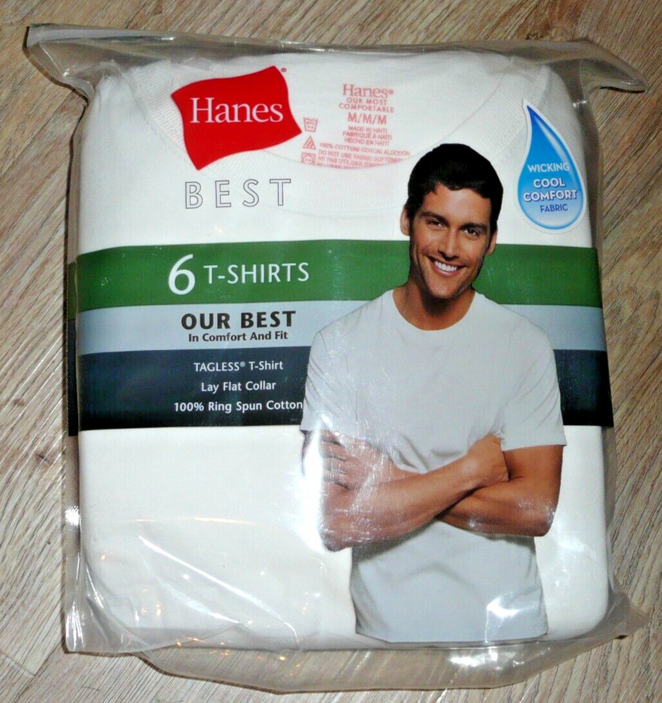 6 Sealed Hanes Best Tagless Med. T-Shirts Lay Flat Collar 100% Ring Spun Cotton
