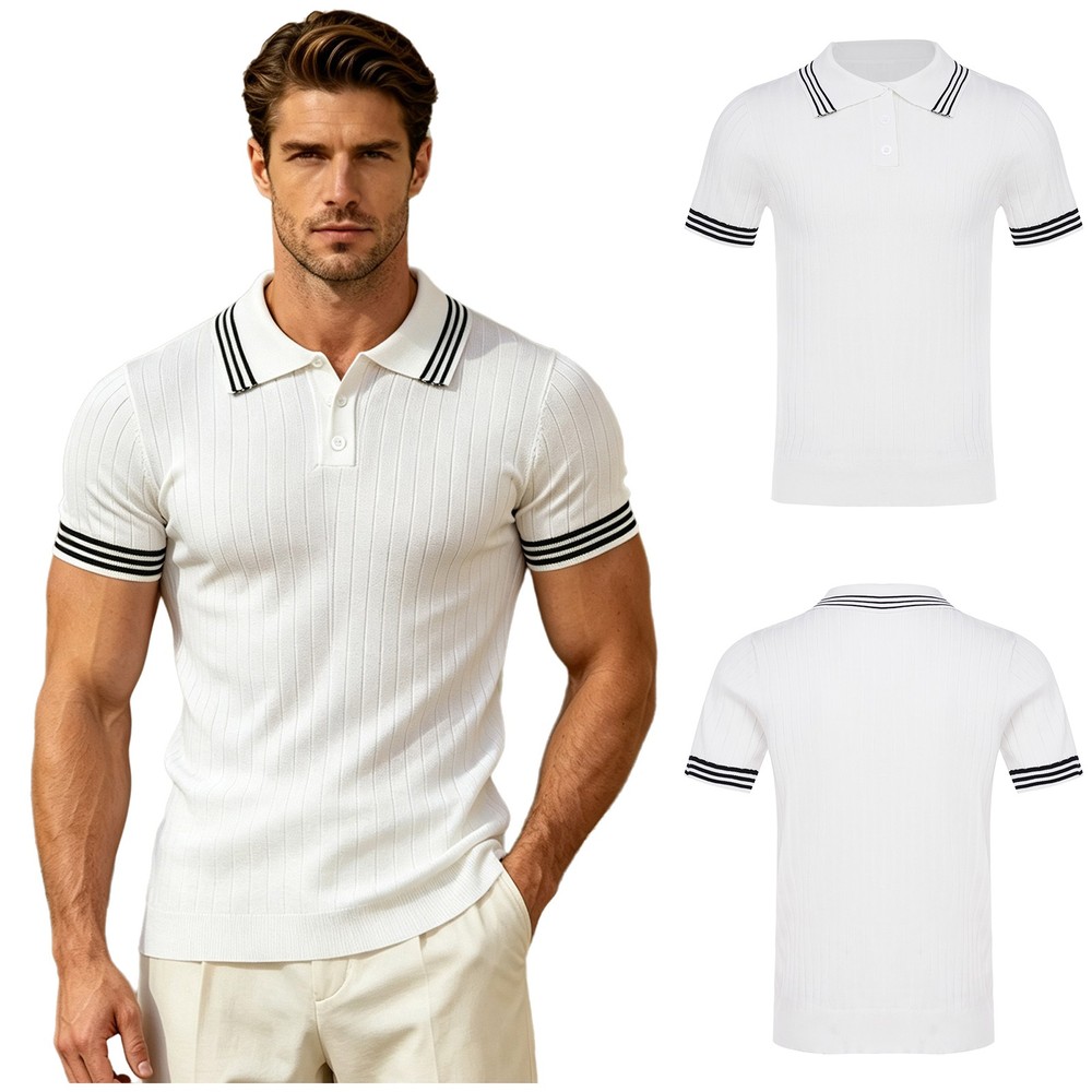 Men Shirt Ribbed Top Summer Knit Tee Casual Button Weekend Business Vacation