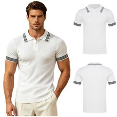 Men Shirt Ribbed Top Summer Knit Tee Casual Button Weekend Business Vacation