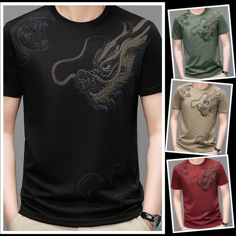 New Men Fashion Trend Dragon Rhinestones Hot Drill Short Sleeve Summer T-Shirt